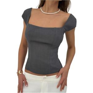 image:imageFloerns Womens Cap Sleeve Shirts Square Neck Office Work Business Casual Blouse TopsGrey