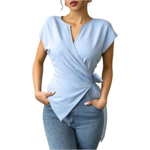 image:imageFloerns Womens Cap Sleeve Wrap Blouses Ruched Tie Side Notched V Neck Elegant Dressy Casual TopsBlue
