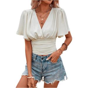 image:imageFloerns Womens Casual Butterfly Sleeve Ruched Blouse V Neck Ruched Crop TopsBeige