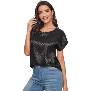 image:imageFloerns Womens Casual Cap Sleeve Leopard Print Satin Silk Blouse TopsBlack Leopard