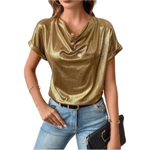 image:imageFloerns Womens Casual Cap Sleeve Leopard Print Satin Silk Blouse TopsGold