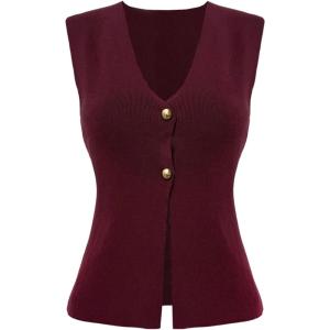 image:imageFloerns Womens Casual Sleeveless Sweater Knit Vest V Neck Button Up Knitted Open Front KnitwearBurgundy