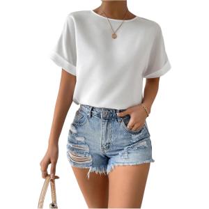 image:imageFloerns Womens Casual Solid Rolled Cap Short Sleeve Satin Silk Blouse TopsWhite Ivory