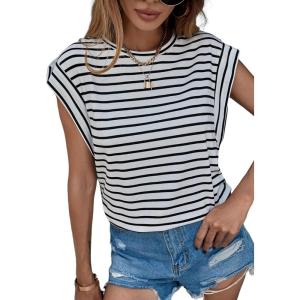 image:imageFloerns Womens Casual Stripe Print Cap Sleeve T Shirts Round Neck TeeBlack White