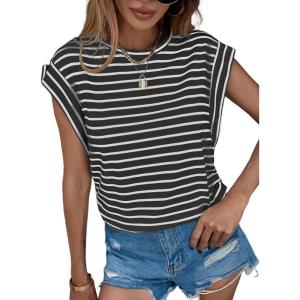 image:imageFloerns Womens Casual Stripe Print Cap Sleeve T Shirts Round Neck TeeBlack and White