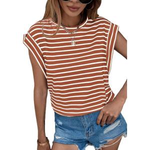 image:imageFloerns Womens Casual Stripe Print Cap Sleeve T Shirts Round Neck TeeBrown White