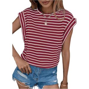 image:imageFloerns Womens Casual Stripe Print Cap Sleeve T Shirts Round Neck TeeBurgundy