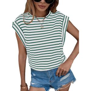 image:imageFloerns Womens Casual Stripe Print Cap Sleeve T Shirts Round Neck TeeGreen and White