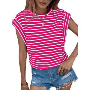 image:imageFloerns Womens Casual Stripe Print Cap Sleeve T Shirts Round Neck TeeHot Pink White
