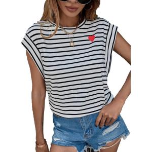 image:imageFloerns Womens Casual Stripe Print Cap Sleeve T Shirts Round Neck TeeWhite Multi