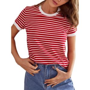 image:imageFloerns Womens Casual Striped Crew Neck Short Sleeve T Shirts Tee TopsA Red and White