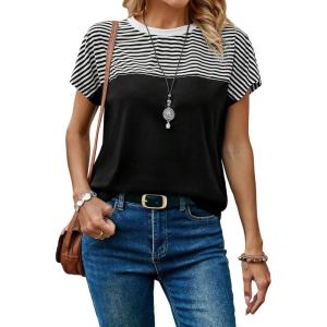 image:imageFloerns Womens Casual Striped Crew Neck Short Sleeve T Shirts Tee TopsBlack Ink White