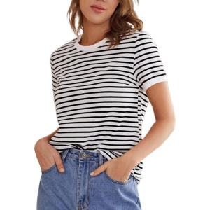 image:imageFloerns Womens Casual Striped Crew Neck Short Sleeve T Shirts Tee TopsBlack and White