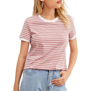 image:imageFloerns Womens Casual Striped Crew Neck Short Sleeve T Shirts Tee TopsDusty Pink