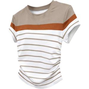 image:imageFloerns Womens Casual Striped Short Sleeve T Shirts Crewneck Summer Tee ShirtsKhaki
