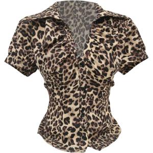 image:imageFloerns Womens Cheetah Print Button Down Shirts Ruched Short Sleeve Casual Blouse TopsBrown Multi