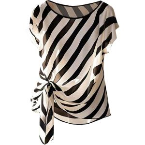 image:imageFloerns Womens Chiffon Blouses Tops Striped Mesh Bowknot Round Neck Shirts Short Dolman Sleeve Tie Side Work BlouseBlack and White