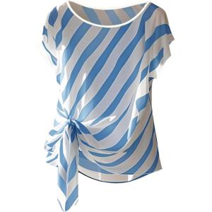 image:imageFloerns Womens Chiffon Blouses Tops Striped Mesh Bowknot Round Neck Shirts Short Dolman Sleeve Tie Side Work BlouseBlue