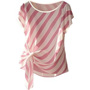 image:imageFloerns Womens Chiffon Blouses Tops Striped Mesh Bowknot Round Neck Shirts Short Dolman Sleeve Tie Side Work BlousePink
