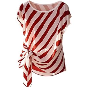 image:imageFloerns Womens Chiffon Blouses Tops Striped Mesh Bowknot Round Neck Shirts Short Dolman Sleeve Tie Side Work BlouseRed and White