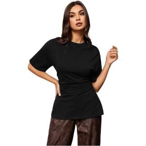 image:imageFloerns Womens Cinched Waist Tops Drop Shoulder Short Sleeve Ruched Casual TeeBlack