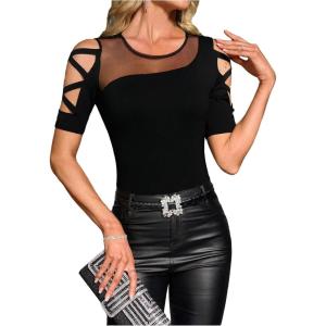 image:imageFloerns Womens Colorblock Criss Cross Cut Out Short Sleeve Round Neck Tee ShirtsBlack Ink