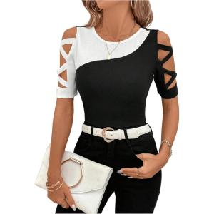 image:imageFloerns Womens Colorblock Criss Cross Cut Out Short Sleeve Round Neck Tee ShirtsBlack and White