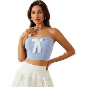 image:imageFloerns Womens Contrast Lace Corset Big Bow Front Crop Tube TopBlue