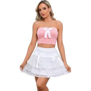 image:imageFloerns Womens Contrast Lace Corset Big Bow Front Crop Tube TopPink