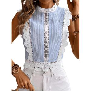 image:imageFloerns Womens Contrast Lace Mock Neck Sleeveless Blouse Textured Striped Elegant Vest TopBlue and White