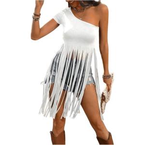 image:imageFloerns Womens Country Rock Concert Western Tops EDM Festival Cowgirl Outfits One Shoulder Short Sleeve Fringe Trim T ShirtsWhite