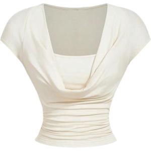 image:imageFloerns Womens Cowl Neck Cap Sleeve T Shirts Draped Front Ruched Fitted Summer TopsApricot