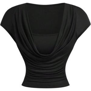 image:imageFloerns Womens Cowl Neck Cap Sleeve T Shirts Draped Front Ruched Fitted Summer TopsBlack