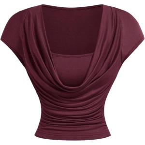 image:imageFloerns Womens Cowl Neck Cap Sleeve T Shirts Draped Front Ruched Fitted Summer TopsBurgundy