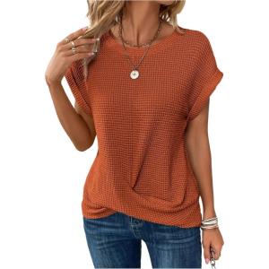 image:imageFloerns Womens Crew Neck Twist Front T Shirts Cap Sleeve Waffle Knit Casual Tee TopsBrown