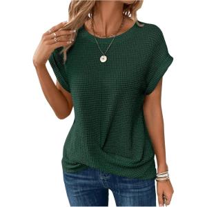 image:imageFloerns Womens Crew Neck Twist Front T Shirts Cap Sleeve Waffle Knit Casual Tee TopsDark Green