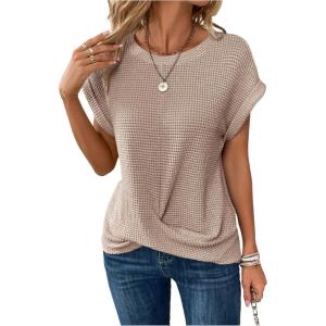 image:imageFloerns Womens Crew Neck Twist Front T Shirts Cap Sleeve Waffle Knit Casual Tee TopsKhaki