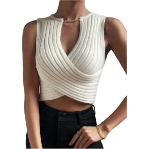 image:imageFloerns Womens Cross Wrap Sweater Vest Chain Sleeveless Knitted Pullover Crop TopsApricot