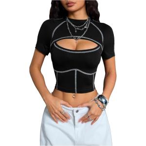 image:imageFloerns Womens Cut Out Short Sleeve Crop T Shirt Colorblock Mock Neck Rave Tee TopsBlack