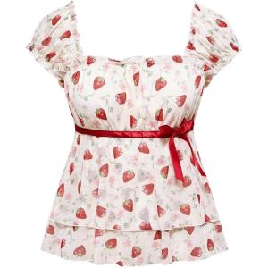 image:imageFloerns Womens Cute Mesh Floral Layered Ruffle T Shirts Bow Square Neck Cap Sleeve Crop TopsRed Strawberry