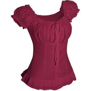 image:imageFloerns Womens Cute Puff Sleeve Blouse Top Ruched Bust Bow Tie Button Up Going Out ShirtsRed