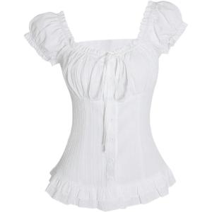 image:imageFloerns Womens Cute Puff Sleeve Blouse Top Ruched Bust Bow Tie Button Up Going Out ShirtsWhite
