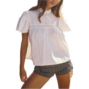 image:imageFloerns Womens Cute Puff Sleeve Blouses Frill Mock Neck Vintage Babydoll TopsWhite