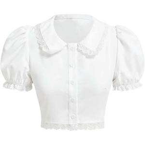 image:imageFloerns Womens Cute Short Puff Sleeve Button Down Lace Trim Blouse Crop TopsWhite