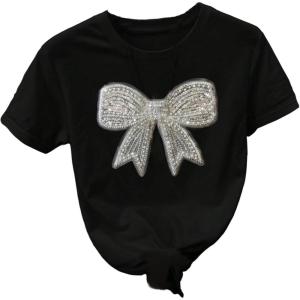 image:imageFloerns Womens Cute Short Sleeve T Shirts Bowknot Sequin Crew Neck Going Out Tee TopsBlack