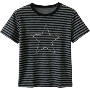 image:imageFloerns Womens Cute Short Sleeve T Shirts Bowknot Sequin Crew Neck Going Out Tee TopsBlack Striped