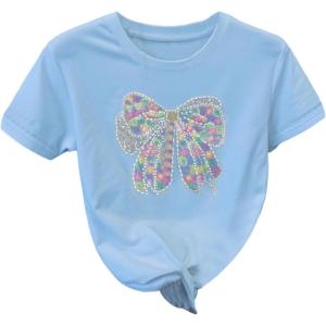 image:imageFloerns Womens Cute Short Sleeve T Shirts Bowknot Sequin Crew Neck Going Out Tee TopsBlue