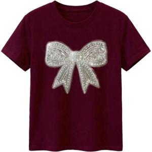 image:imageFloerns Womens Cute Short Sleeve T Shirts Bowknot Sequin Crew Neck Going Out Tee TopsBurgundy