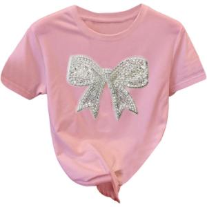 image:imageFloerns Womens Cute Short Sleeve T Shirts Bowknot Sequin Crew Neck Going Out Tee TopsPink