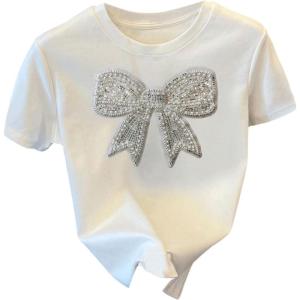 image:imageFloerns Womens Cute Short Sleeve T Shirts Bowknot Sequin Crew Neck Going Out Tee TopsWhite